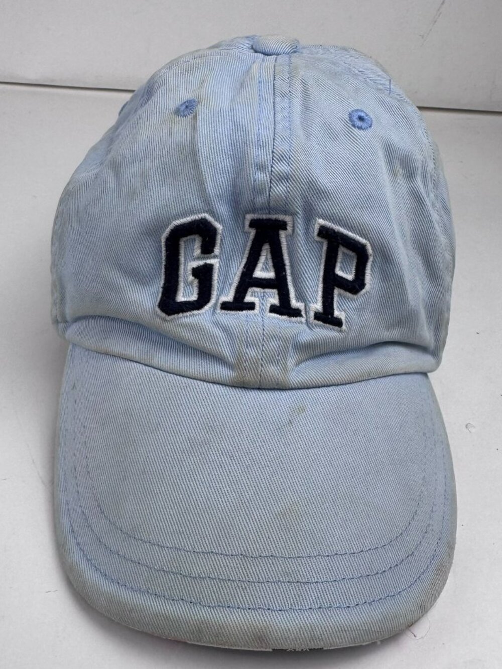 Vintage GAP Logo Baseball Cap Hat Light Blue Size L/XL 100% Cotton As-Is Stained